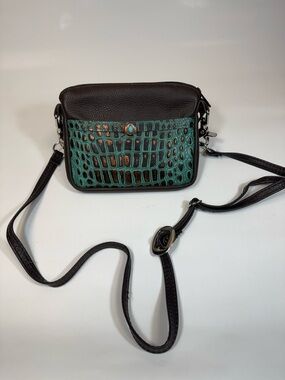 Teal Croc-Embossed Front Crossbody Bag with Dark Brown Trim